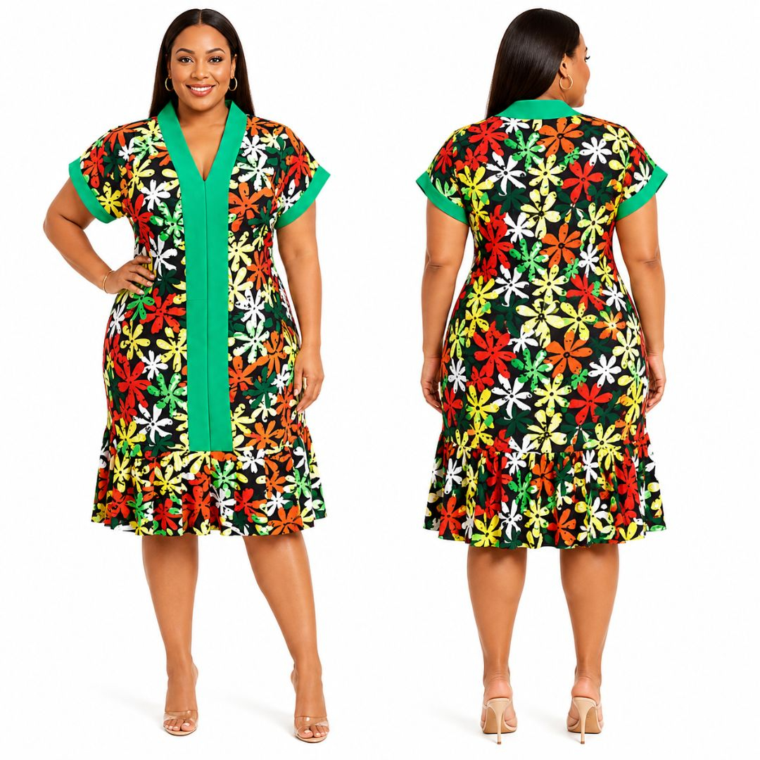 Womens Floral Short Sleeve V Neck Knee Length Dress
